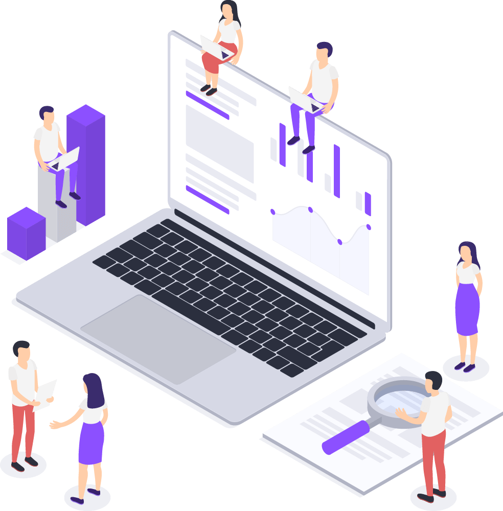 Dibujo isometrico personas trabajando alrededor de un pc portatil dashboard